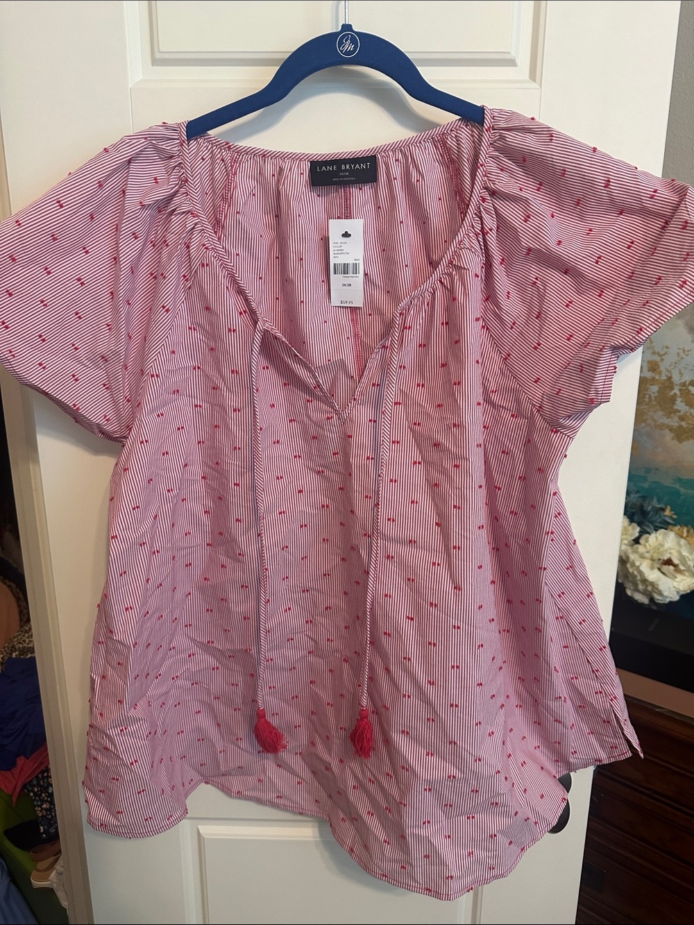 Lane Bryant Pink & Red Striped Tassel Peasant Top
